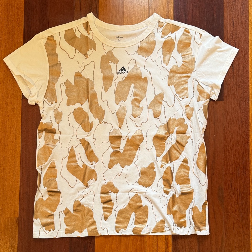 Adidas | White and Metallic Gold Graphic Tee | Size Medium